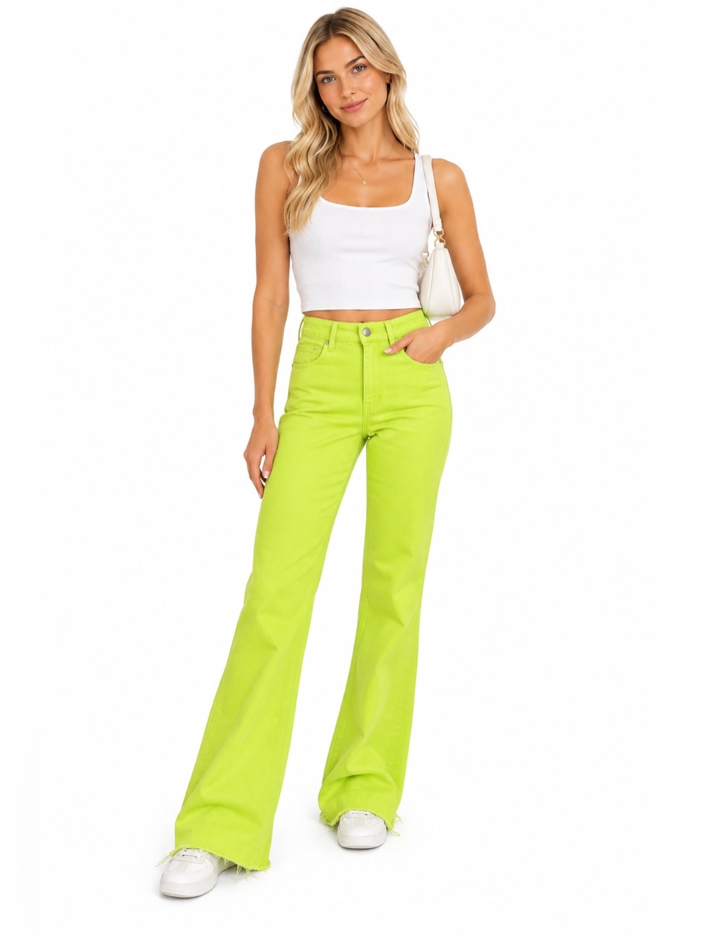 L’Agence Neon Lime Green High Rise Flare Jeans Raw Hem | Size 26